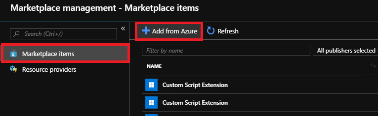 Azure から Marketplace の項目を追加する