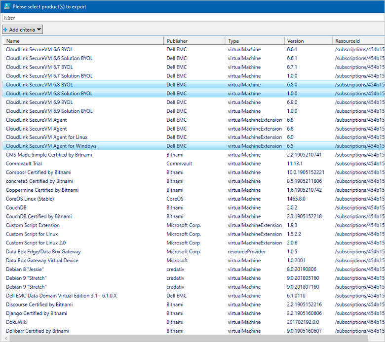 選択したサブスクリプションで使用可能なすべての Azure Stack 登録の別の一覧を示すスクリーンショット。