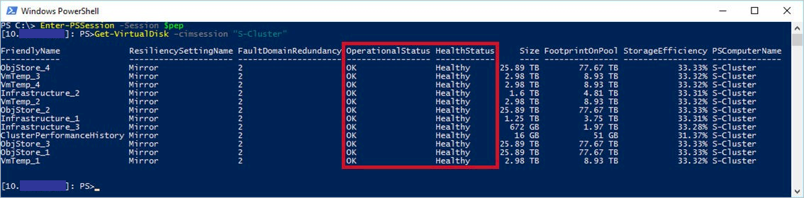 [OperationsStatus] 列と [HealthStatus] 列が強調表示された Windows PowerShell を示すスクリーンショット。