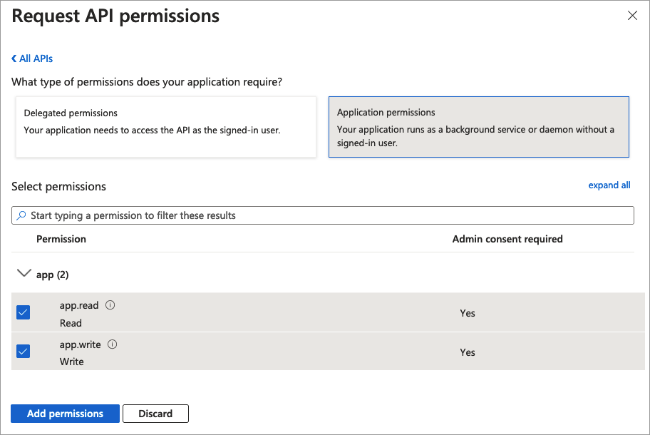 Screenshot shows how to grant the application A P I permissions.