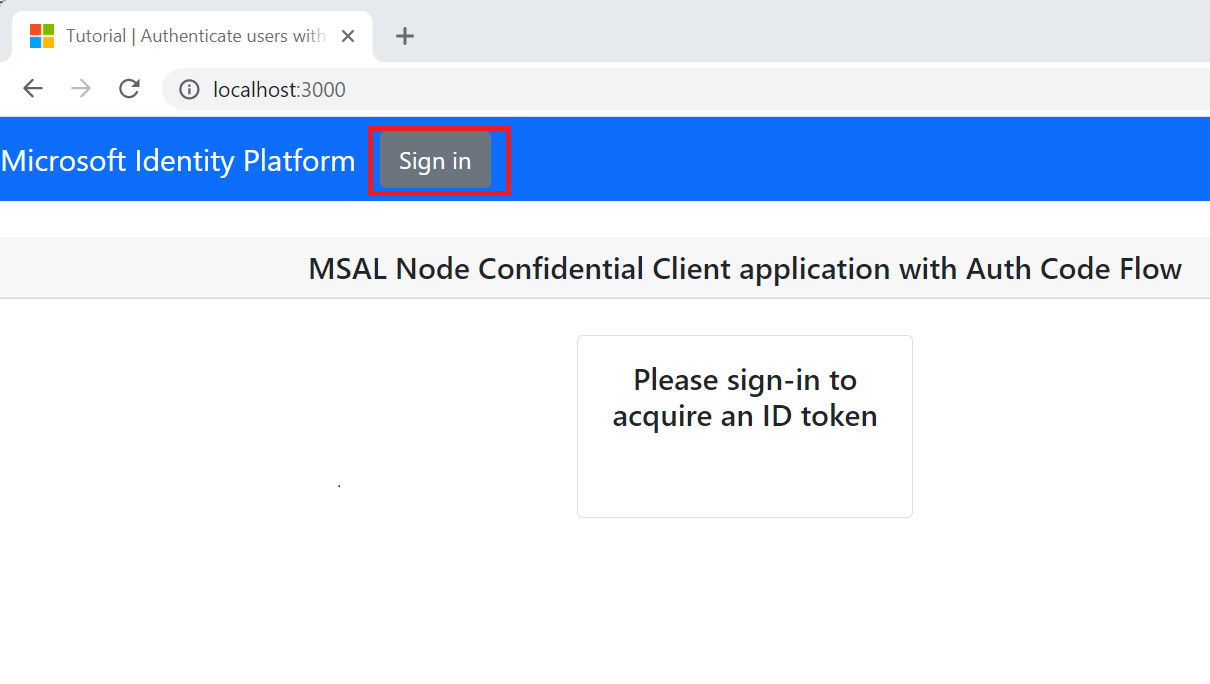Screenshot that shows a Node web app sign in page.
