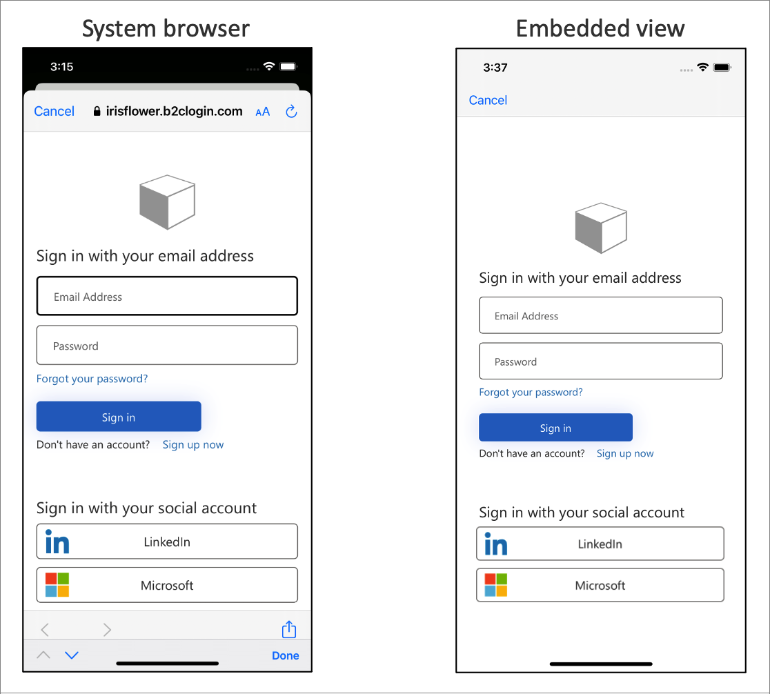 システム Web ビュー エクスペリエンスと埋め込み Web ビュー エクスペリエンスの違いを示すスクリーンショット。