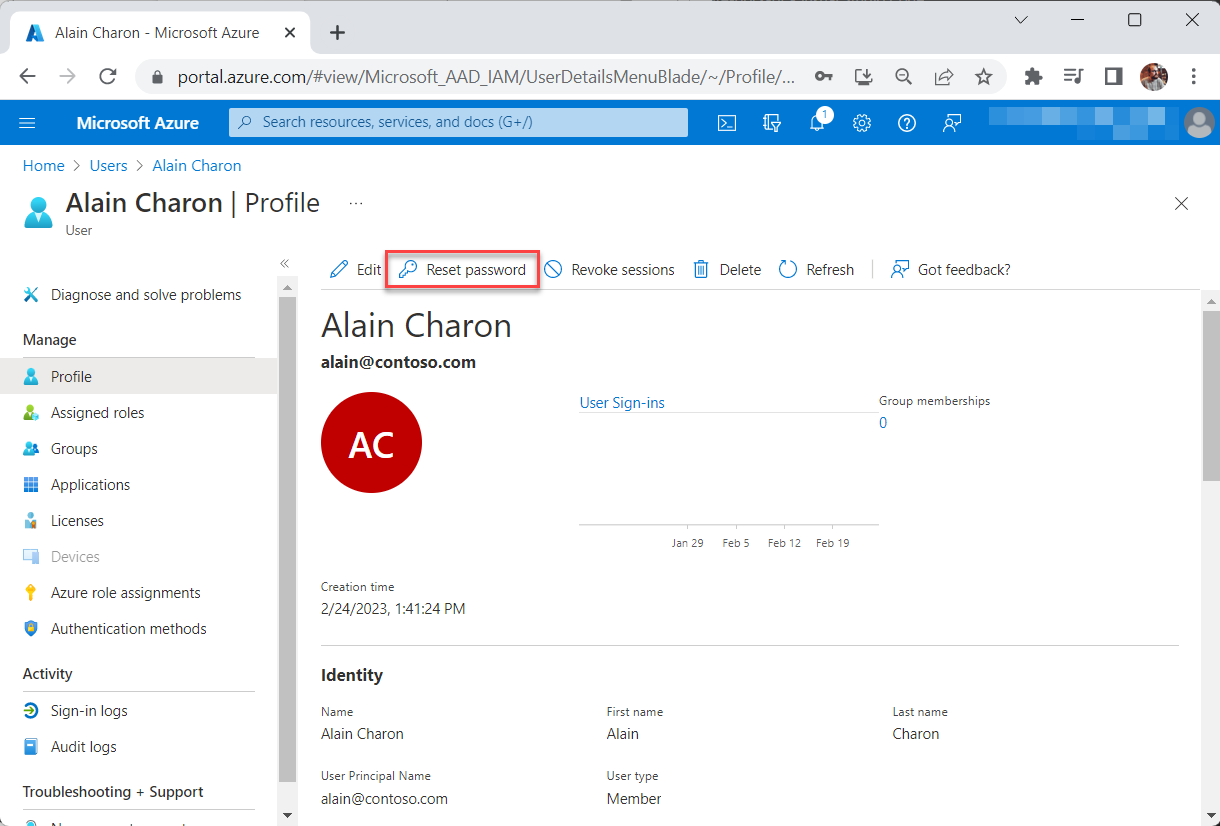 Screenshot User's profile page with Reset Password option highlighted.