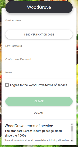Azure AD B2C によってホストされている WoodGrove のカスタム サインアップ ページ