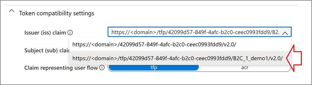 トークンの互換性ダイアログのサブジェクト (sub) 要求 URL のスクリーンショット。