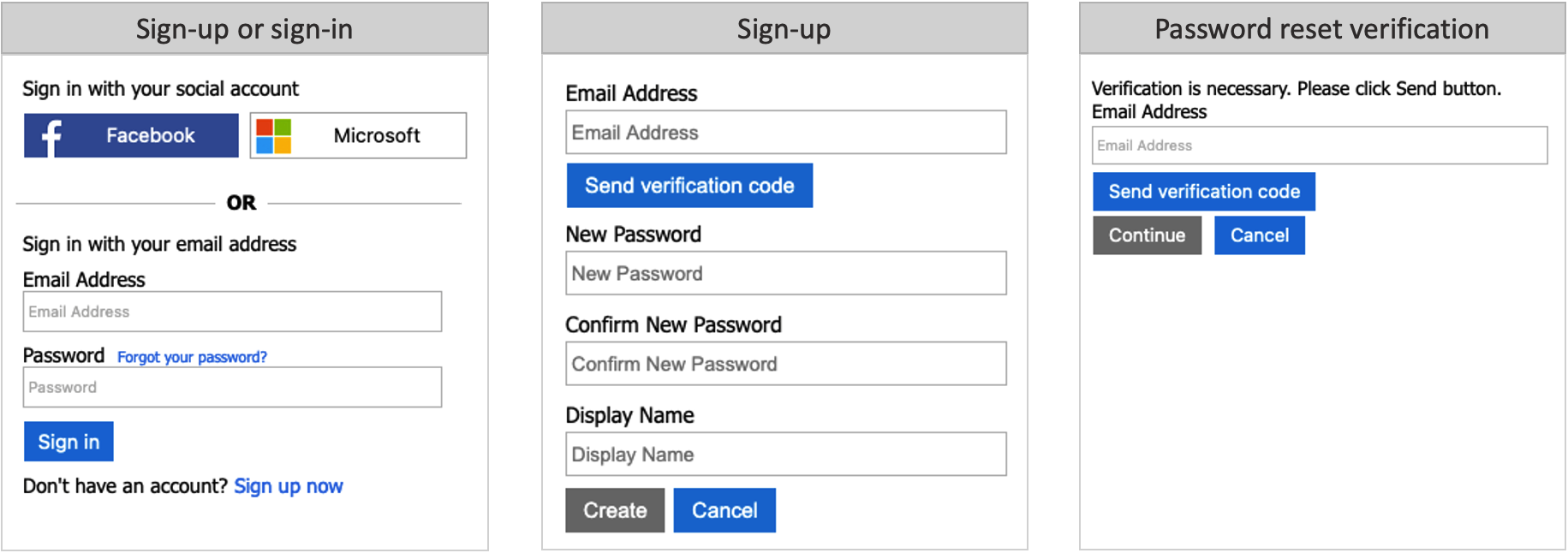 メール アドレスによるサインアップまたはサインイン エクスペリエンスを示す一連のスクリーンショット。