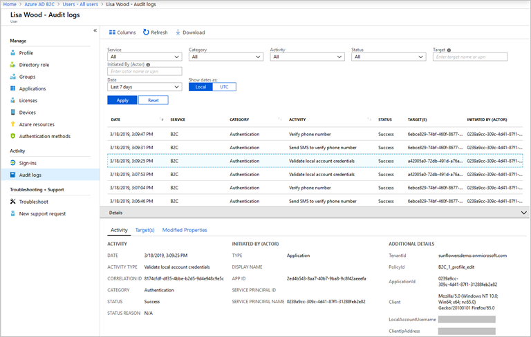 Individual user audit log shown in the Azure portal