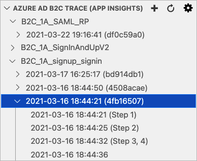 VSCode 用の Azure AD B2C 拡張機能のスクリーンショット。Azure Application Insights のトレースを示しています。