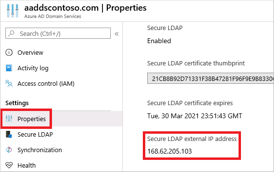 マネージド ドメインに使用される Secure LDAP の外部 IP アドレスを Azure portal で確認する