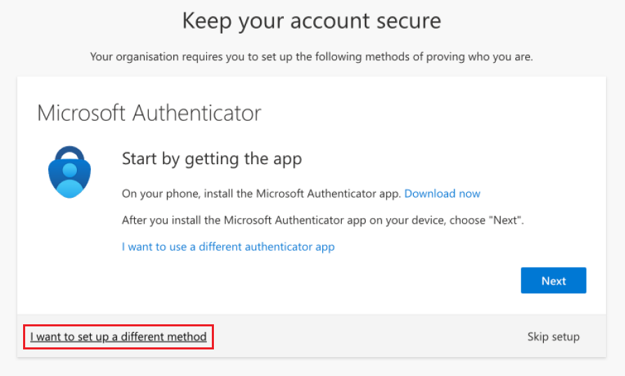 Microsoft Authenticator を設定するときに別の方法を選択する方法のスクリーンショット。