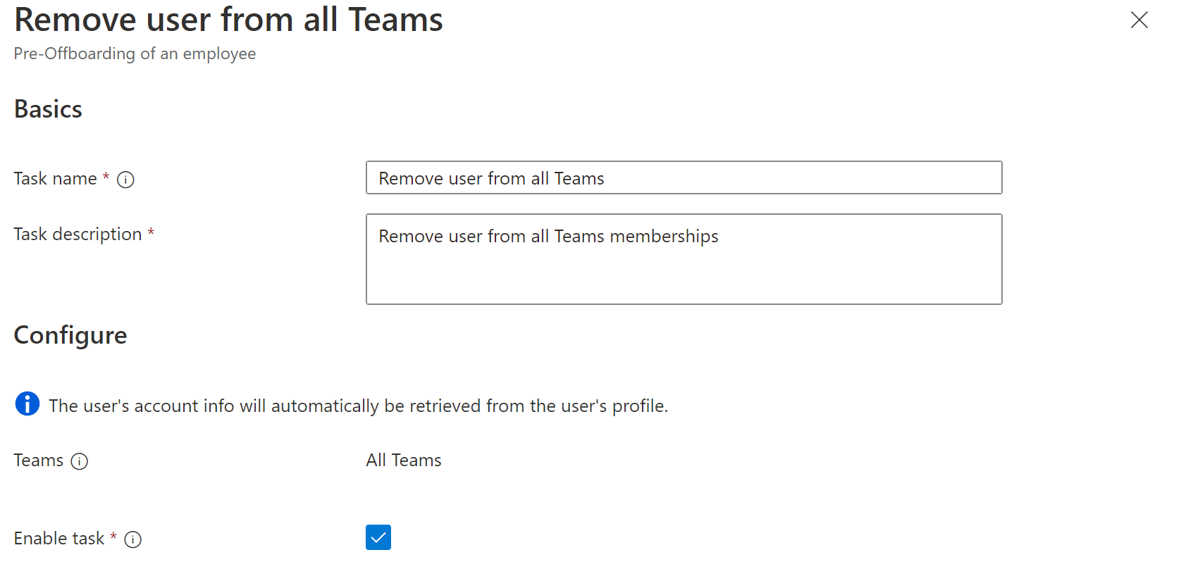ワークフロー タスクのスクリーンショット: ユーザーをすべての Teams から削除する。