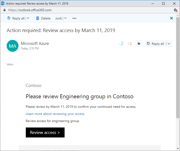 グループに対する自分のアクセスをレビューするための Microsoft からのメールの例