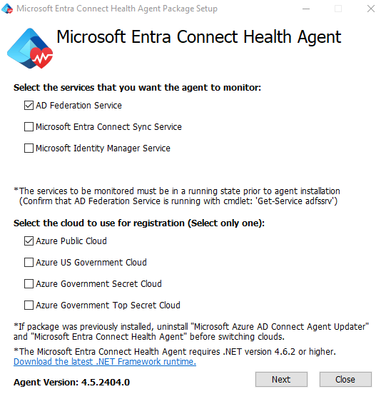Azure AD Connect Health AD FS エージェントのインストール ウィンドウを示すスクリーンショット。
