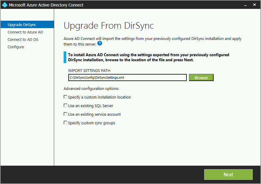 DirSync からアップグレードするための高度な構成オプションを示すスクリーンショット。