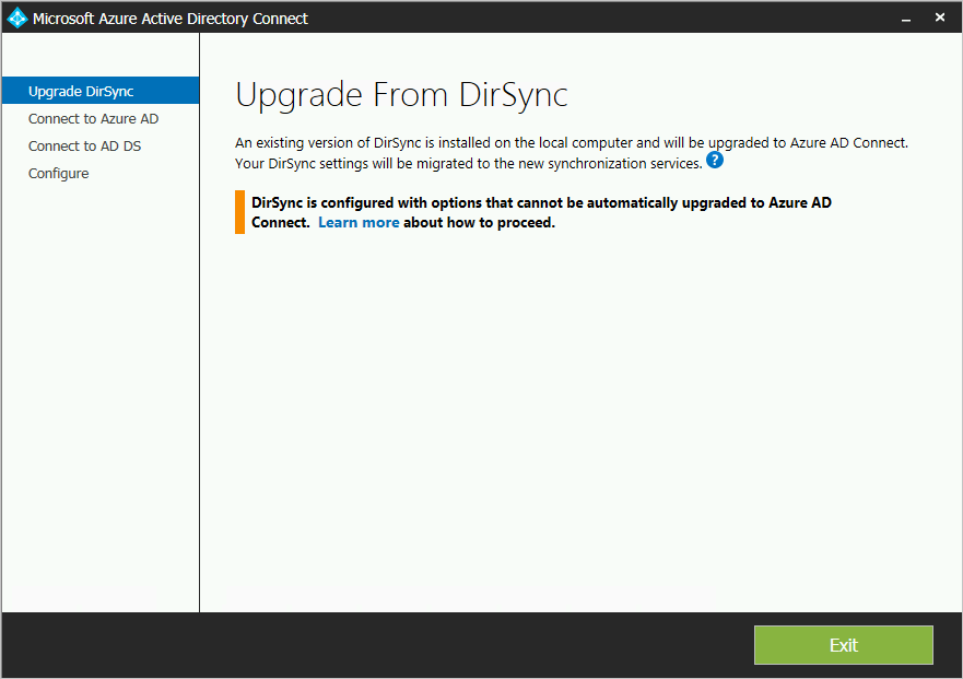 DirSync の構成が原因でアップグレードがブロックされていることを示すスクリーンショット。
