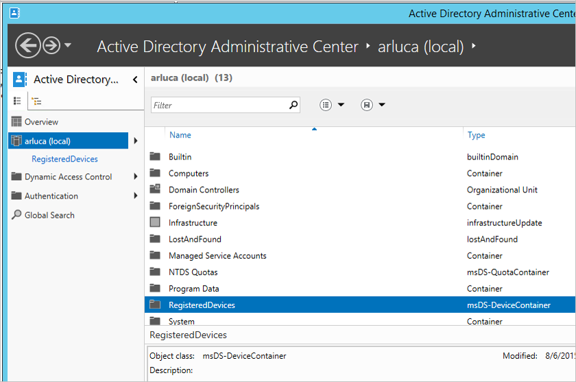 Active Directory 管理センター登録済みのデバイス