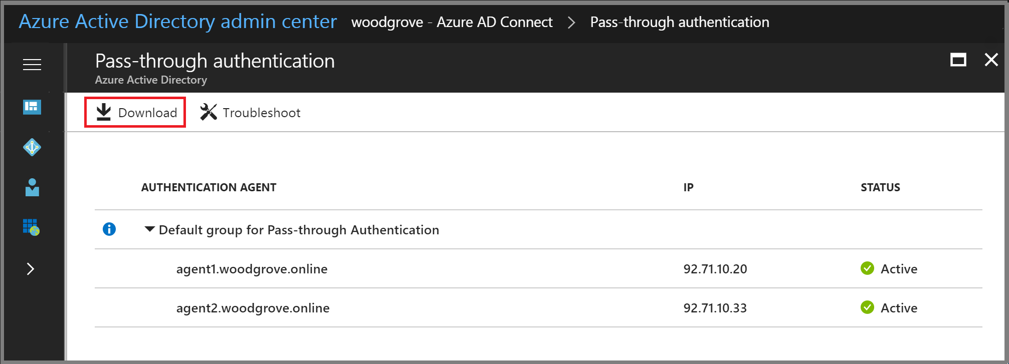 Azure Active Directory 管理センター: 認証エージェントのダウンロード ボタン
