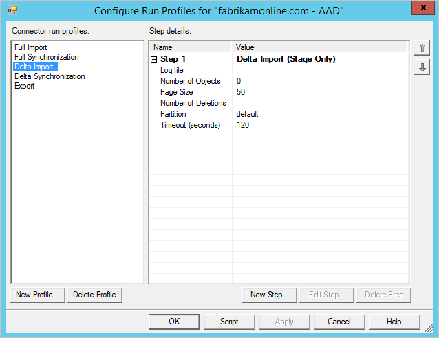 [Delta Import]\(差分インポート\) が選択された [Configure Run Profiles]\(実行プロファイルの構成\) ウィンドウを示すスクリーンショット。