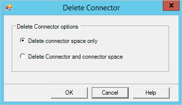 [Delete connector space only]\(コネクタ スペースのみを削除する\) が選択された [コネクタの削除] ウィンドウを示すスクリーンショット。