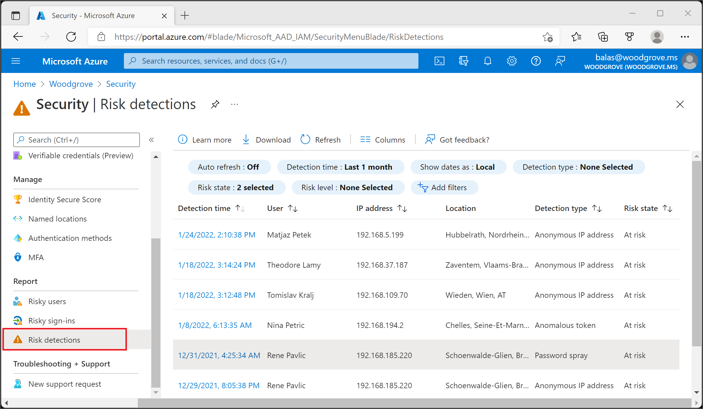 Azure portal のリスク検出レポート