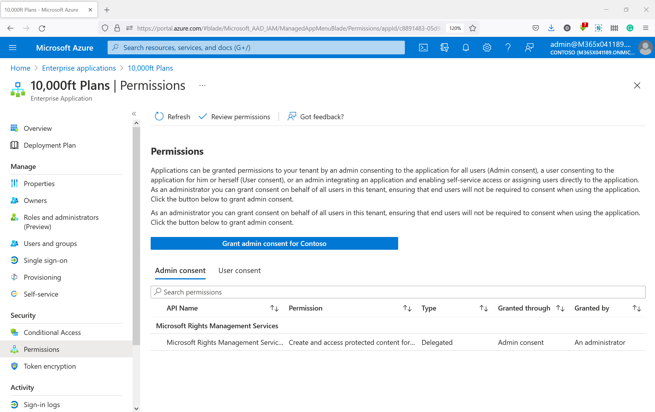 Screenshot shows how to grant tenant-wide admin consent.