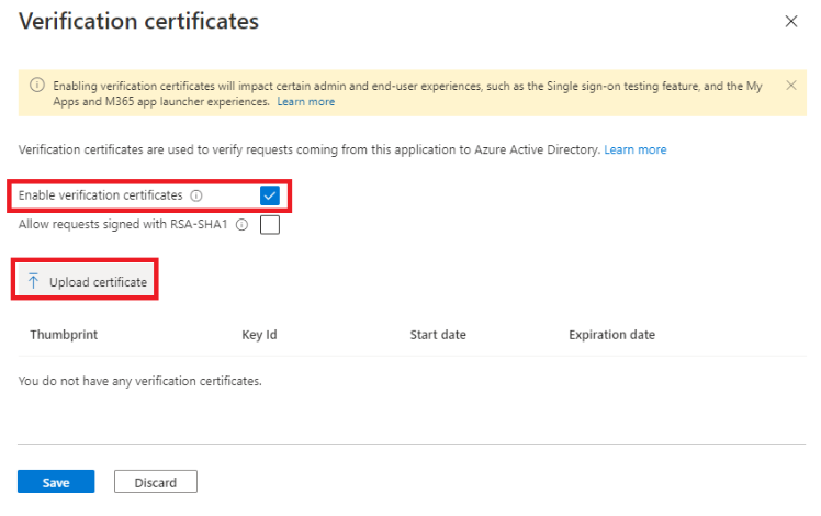 Screenshot of require verification certificates in Enterprise Applications page.
