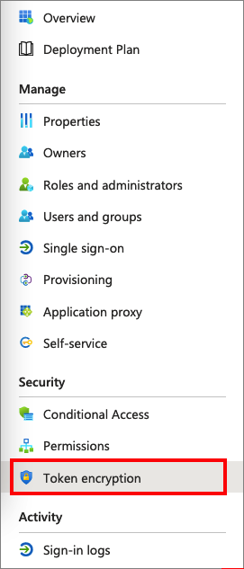 Microsoft Entra 管理センターで [トークン暗号化] オプションを選択する方法を示すスクリーンショット。