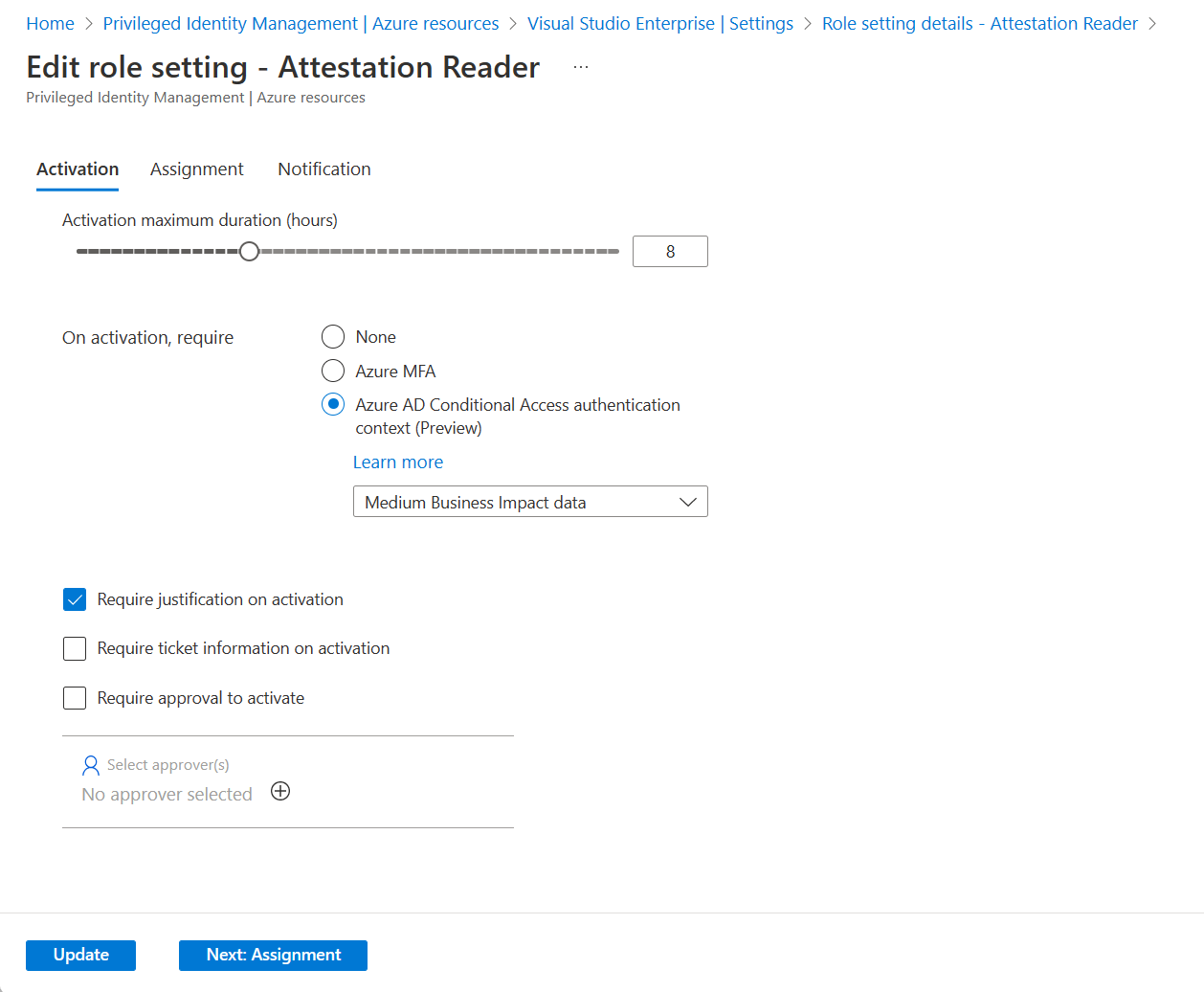 [Edit role setting - Attestation Reader](ロール設定の編集 - 構成証明閲覧者) ページを示すスクリーンショット。