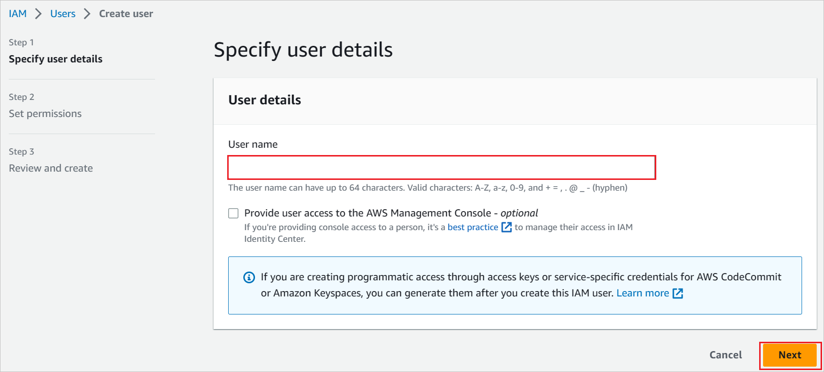 [ユーザー名] と [アクセスの種類] が強調表示された [ユーザーを追加] ページのスクリーンショット。