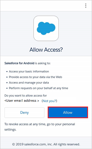 Salesforce モバイル アプリの [アクセスを許可しますか?]