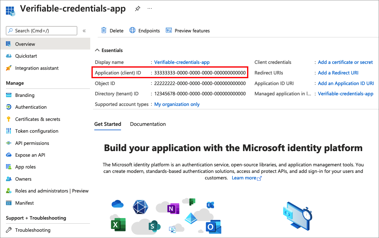 アプリ登録 ID をコピーする方法を示すスクリーンショット。