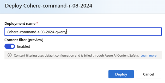 コンテンツ フィルターが有効になっていることを示す展開ウィザードのスクリーンショット。