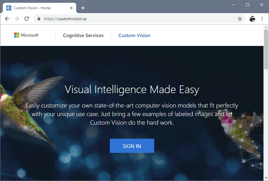 Chrome ブラウザー ウィンドウでの Custom Vision の Web サイト