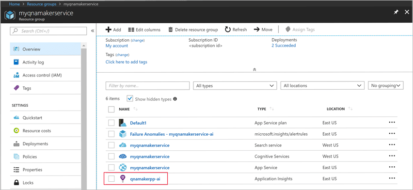 Application Insights リソースを選択します