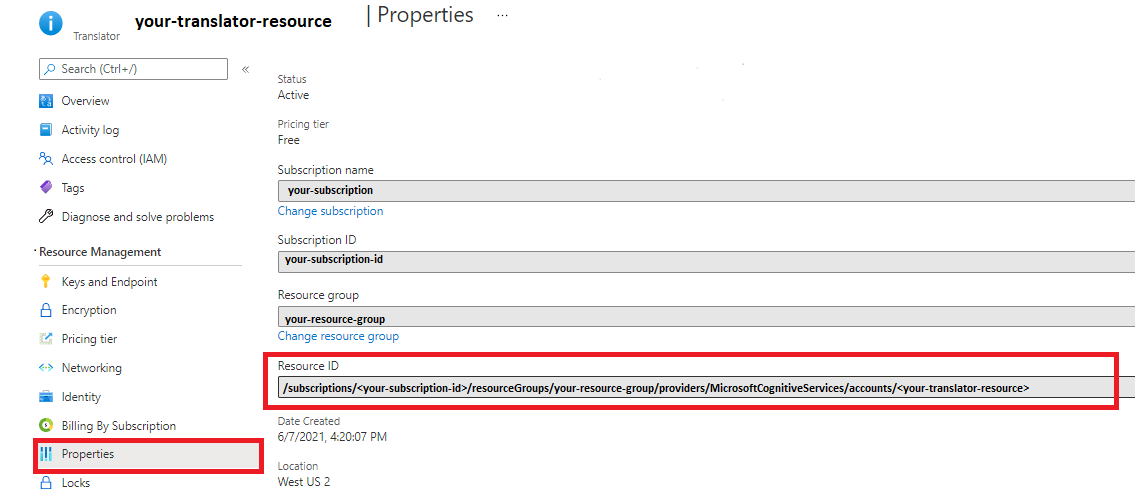 スクリーンショット:Azure portal の [Translator のプロパティ] ページ。 