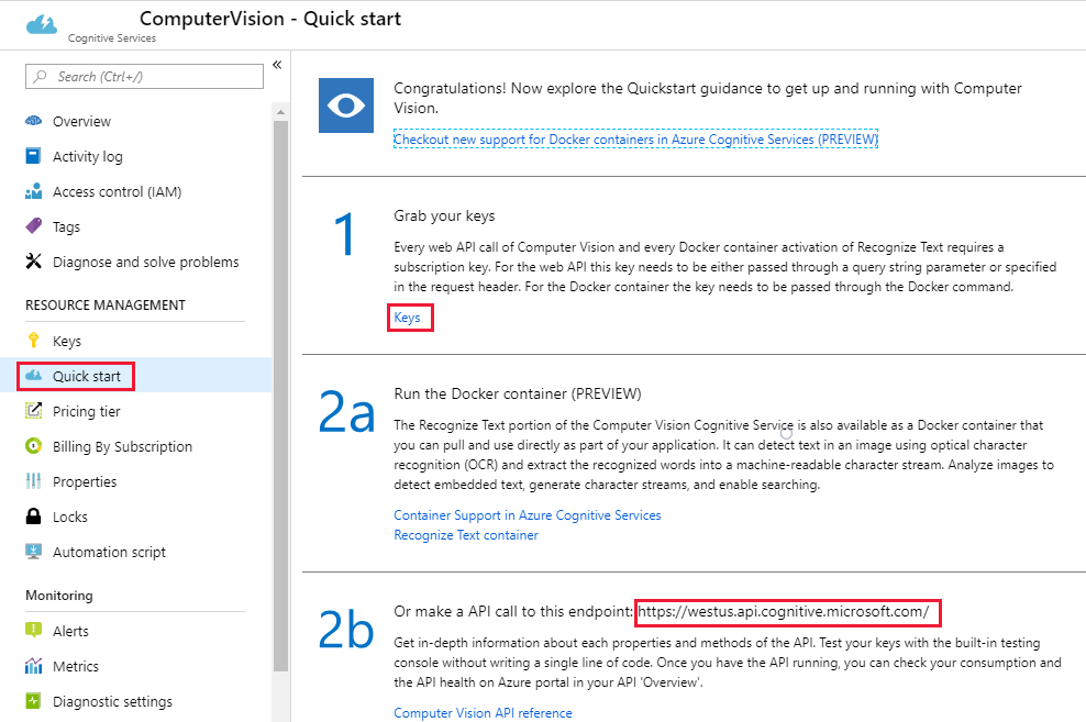 [クイックスタート] メニューが選択された、Azure portal の Azure AI Vision サービス。API エンドポイント URL とキーへのリンクが枠で囲まれています