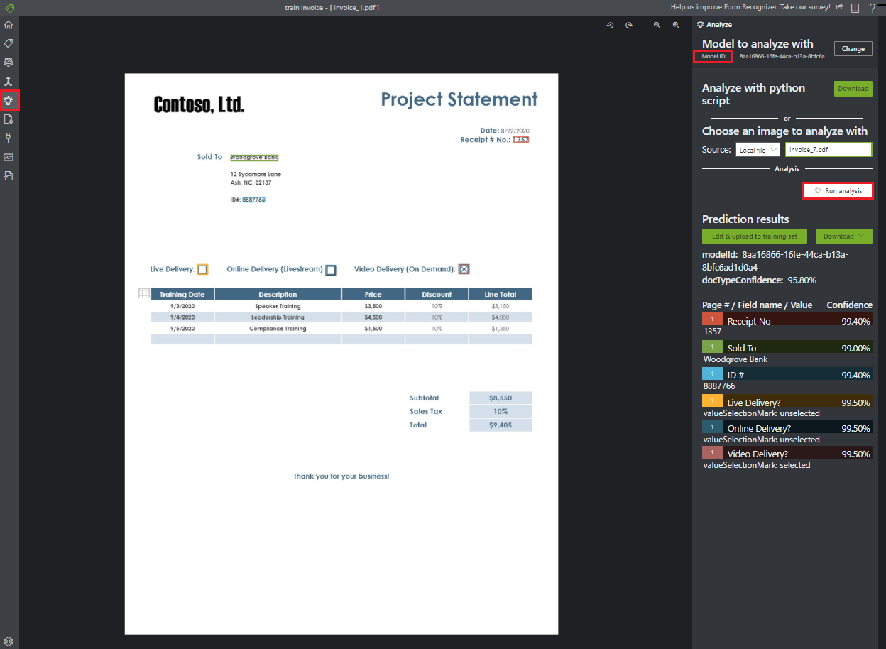 Document Intelligence ツールの [analyze-a-custom-form]\(カスタム フォームの分析\) ウィンドウのスクリーンショット。