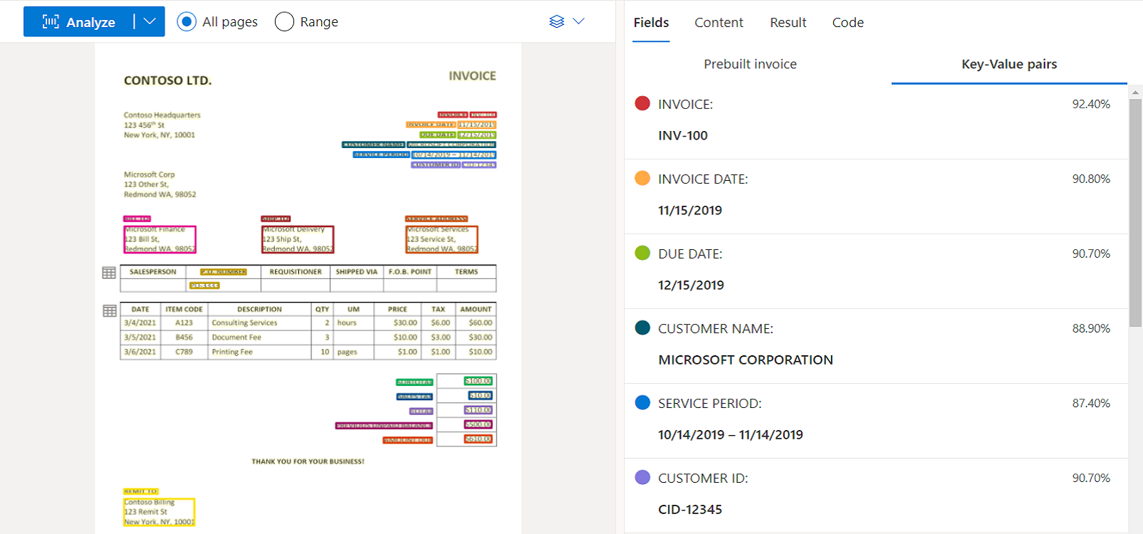 Document Intelligence Studio を使用した請求書モデル分析のスクリーンショット。