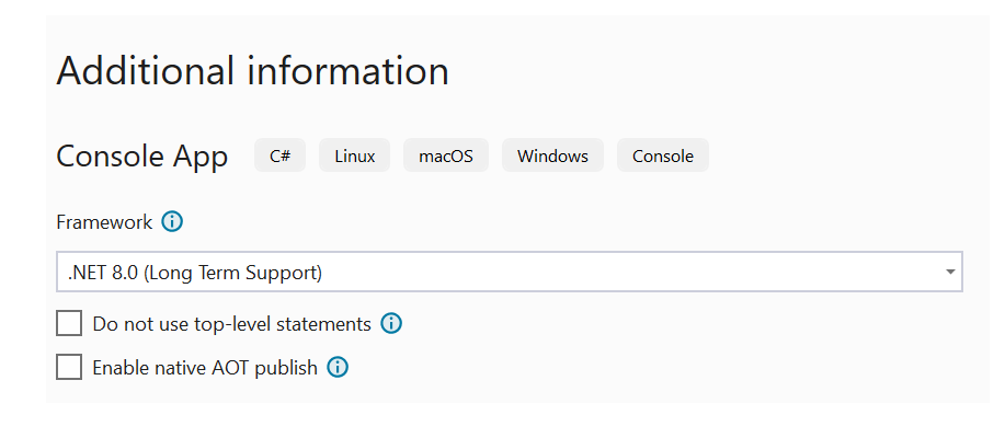 Visual Studio の [追加情報] ページのスクリーンショット。