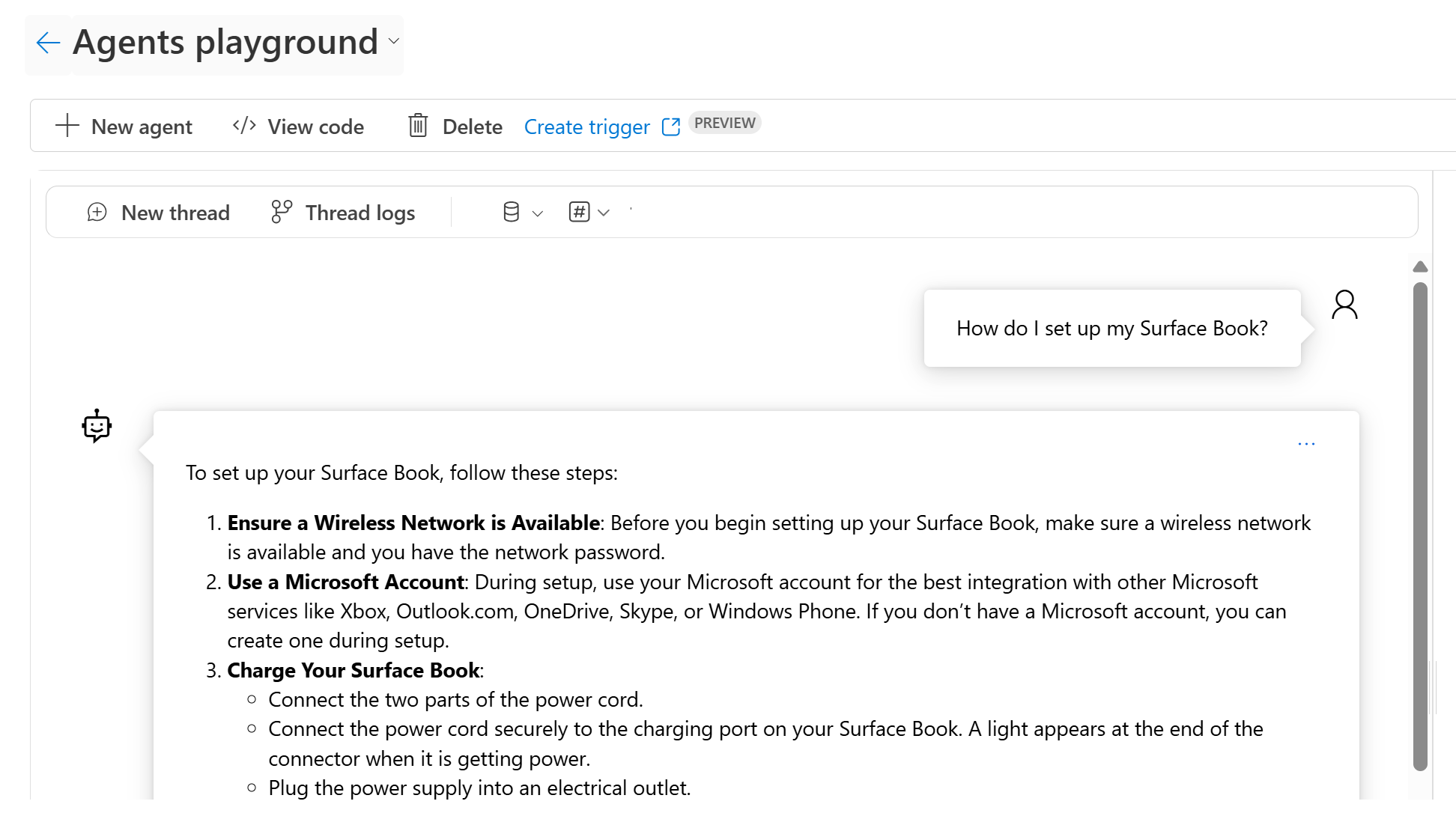 Foundry のエージェントプレイグラウンドのスクリーンショット。