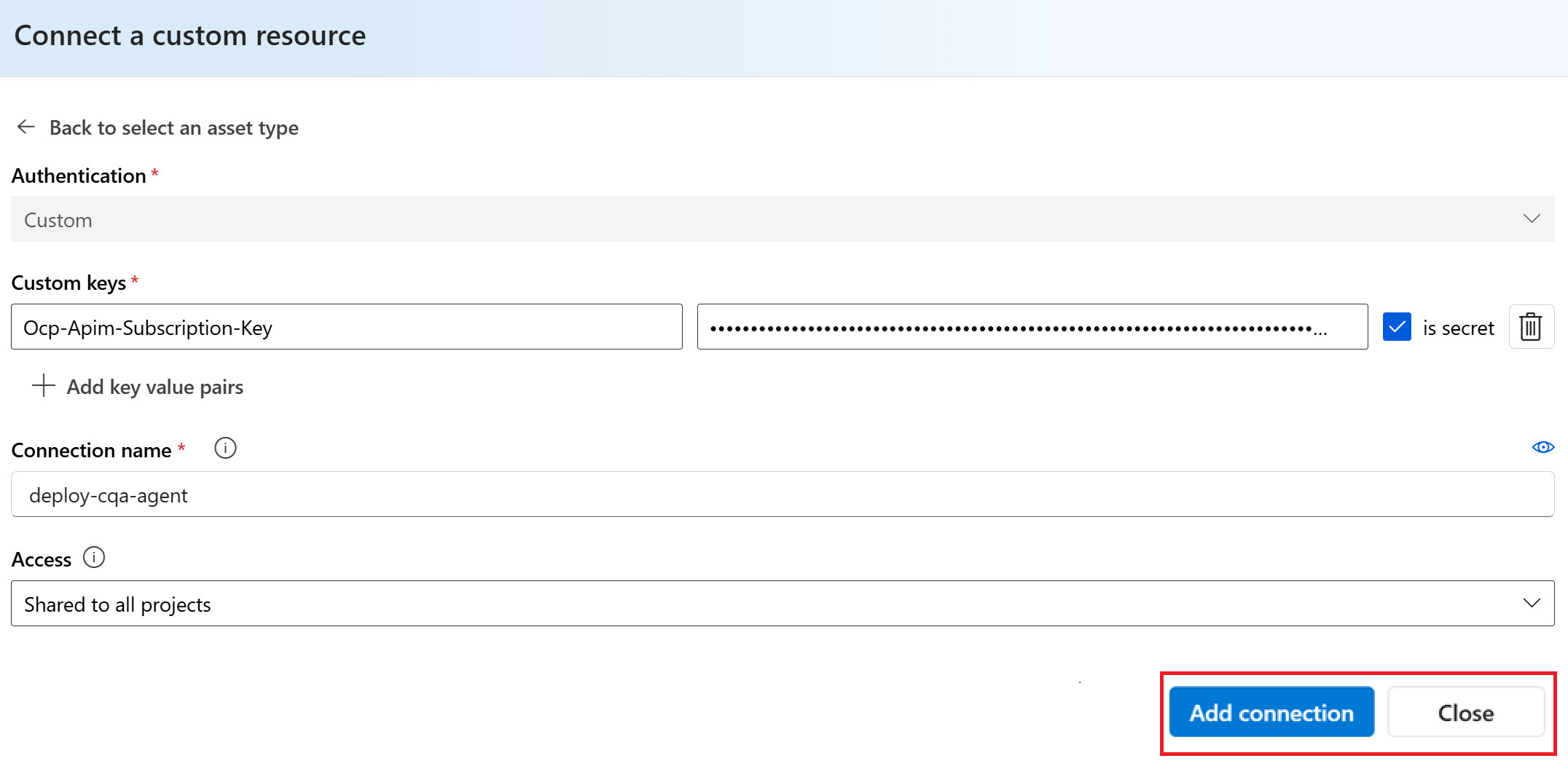 Foundry の [カスタム リソースの接続] ウィンドウのスクリーンショット。