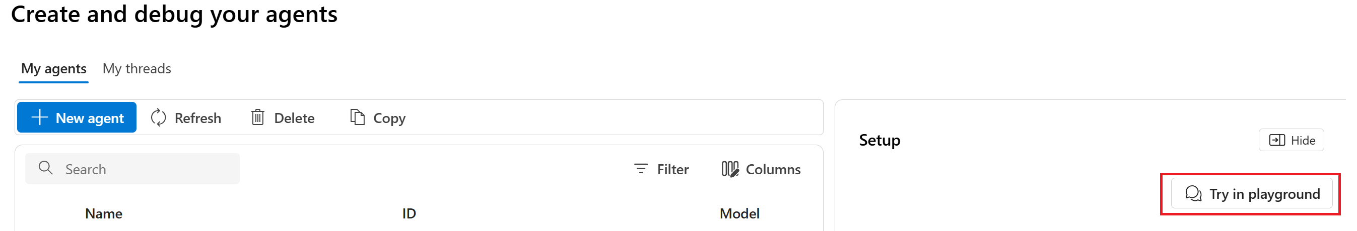 Foundry の **[エージェントの作成とデバッグ]** ウィンドウと **[プレイグラウンドで試す]** ボタンのスクリーンショット