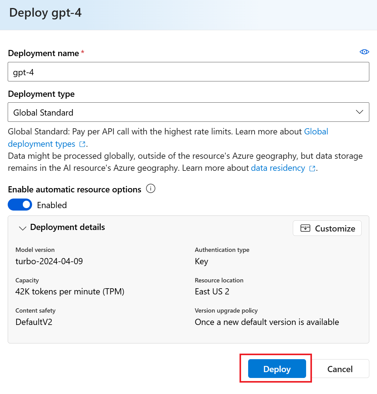 Foundry の gpt-4 デプロイ ウィンドウのスクリーンショット。
