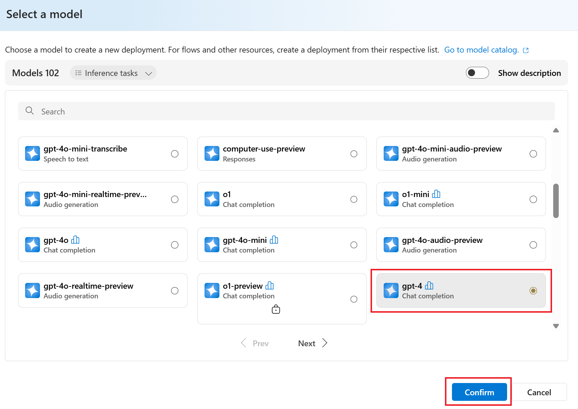 Foundry でのモデルの選択のスクリーンショット。