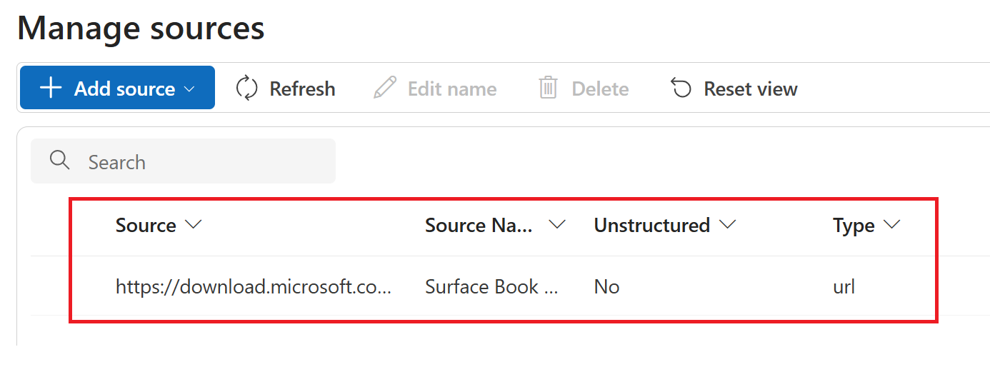Foundry のソースの管理リストのスクリーンショット。