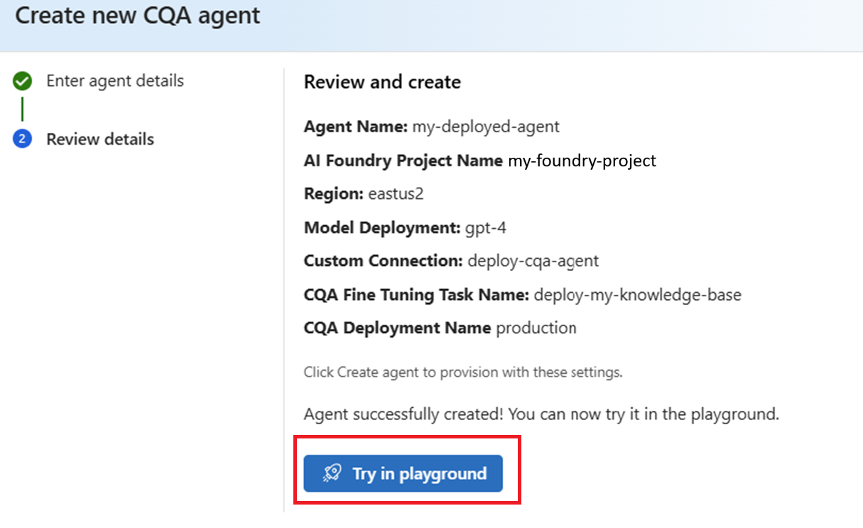 Foundry での CQA エージェントの作成の確認と作成ウィンドウのスクリーンショット。
