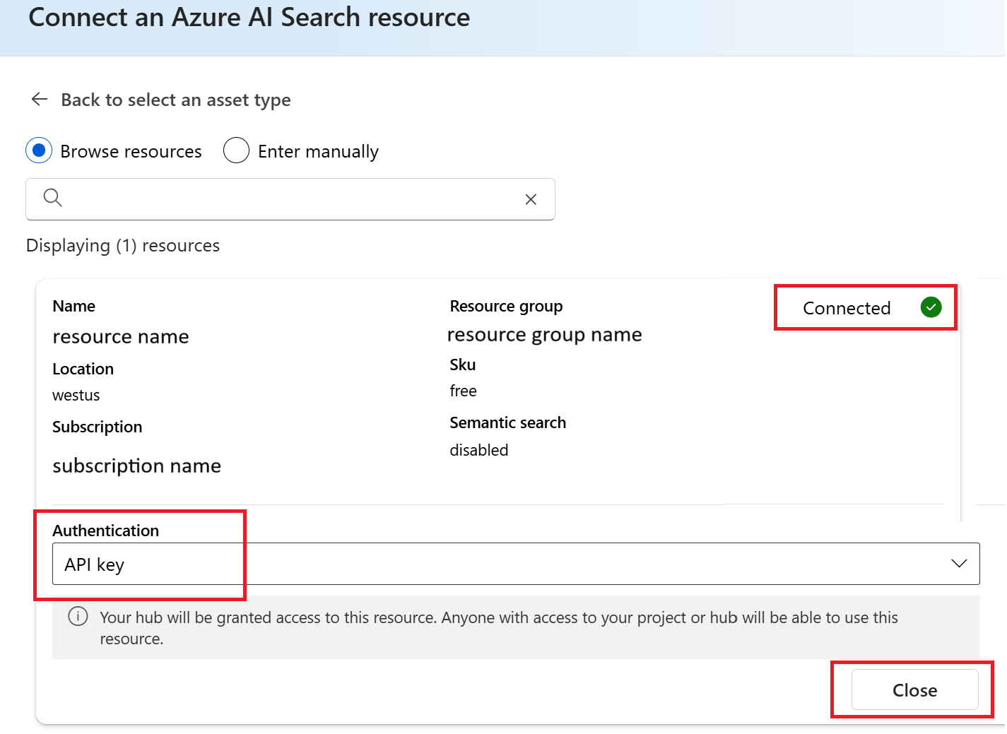 Foundry の接続検索リソース セレクターのスクリーンショット。