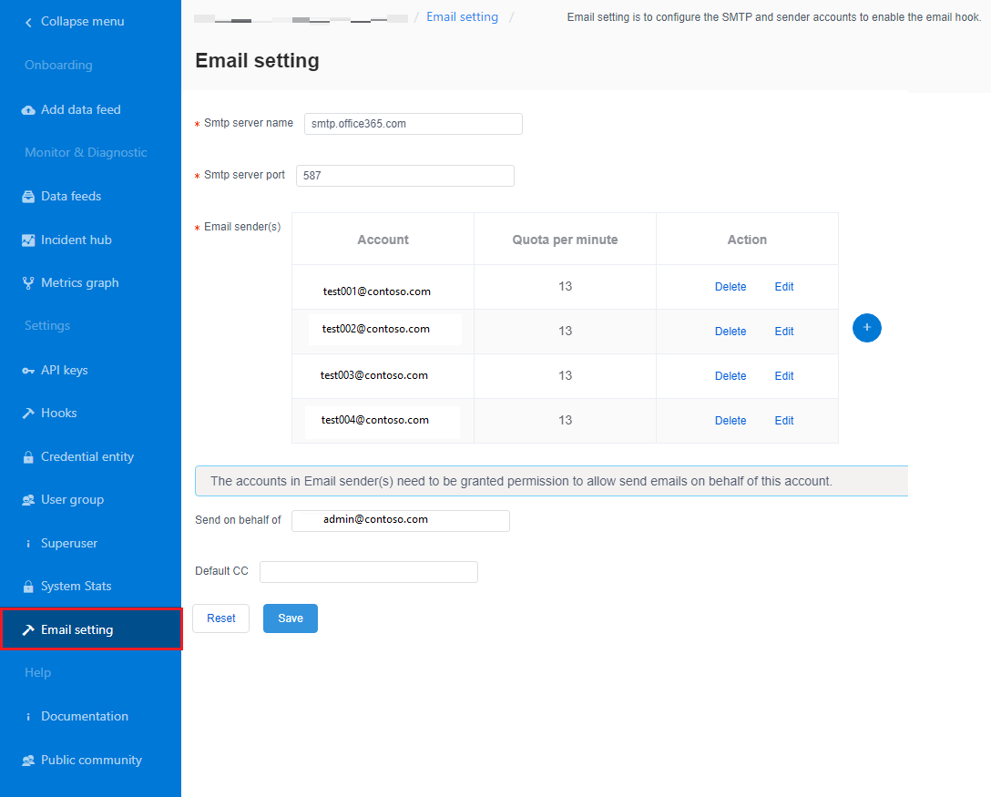 構成された SMTP サーバーの例を示すスクリーンショット