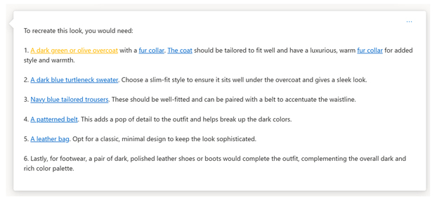 服装に関する画像プロンプトへのチャットの応答のスクリーンショット。この応答は、この画像の中に表示される衣服の項目別一覧です。