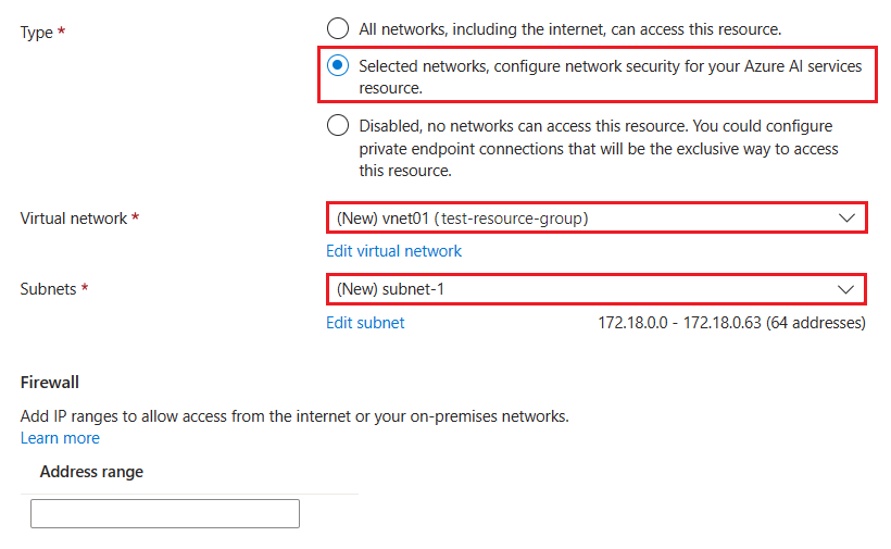 Screenshot that shows how to configure network security for an Azure OpenAI resource to allow specific networks only.